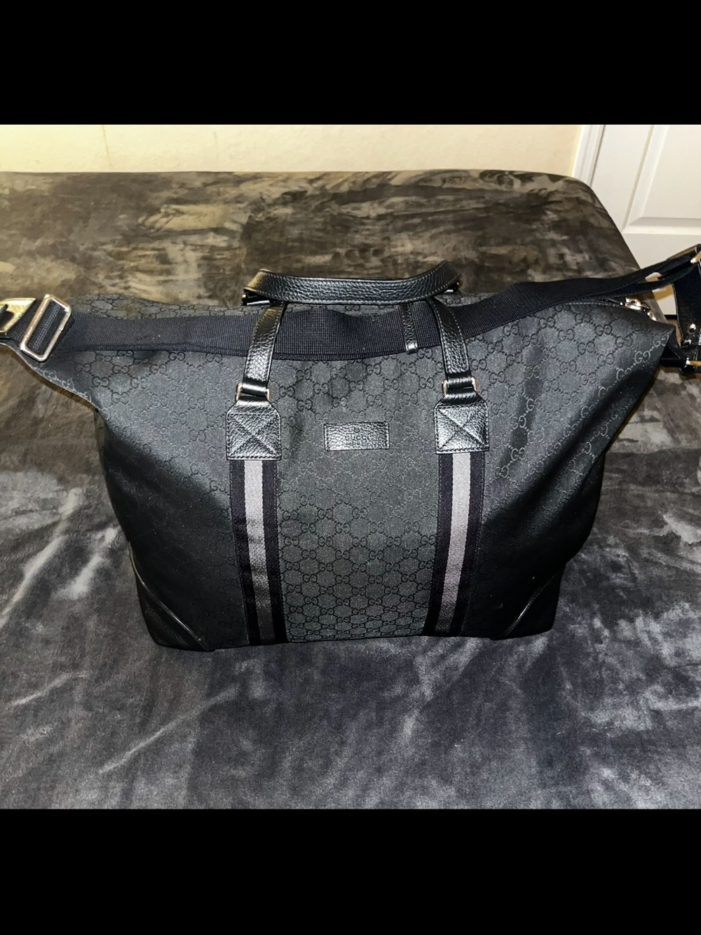 Gucci Black GG Canvas Duffel Bag with Web Stripes